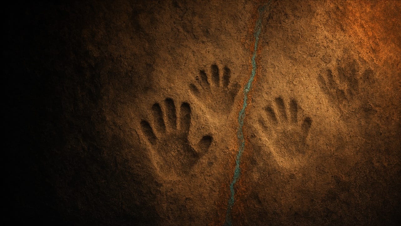 Two ochre hand-shaped absences in sandstone, divided by a thin turquoise mineral vein.