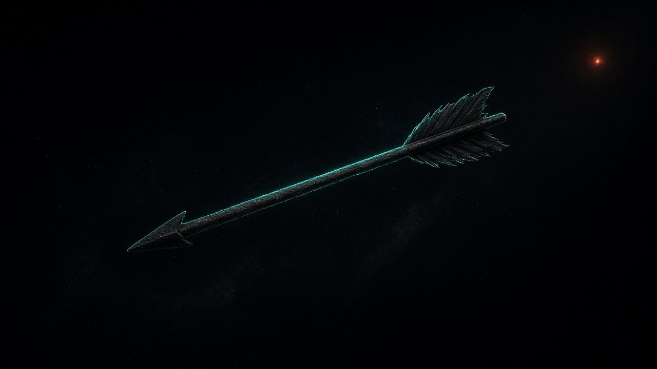A single weathered arrow in flight on a black star field, turquoise edge-light, and a distant orange ember.