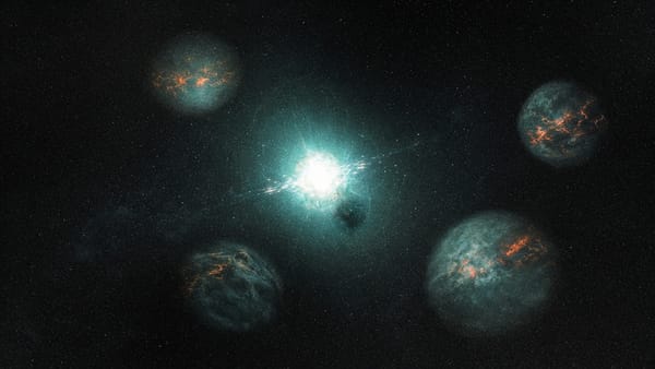 Dark star field with four unequal cloudy worlds around a bright inner glare and a faint darker companion.
