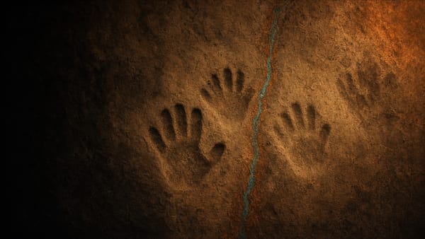Two ochre hand-shaped absences in sandstone, divided by a thin turquoise mineral vein.