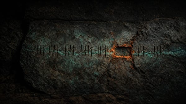Dark mineral stone incised with tally marks; one interval is an empty rust-edged slot.