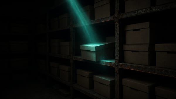 Dim metal shelves of unlabeled boxes; one box sits in a narrow beam of turquoise light.