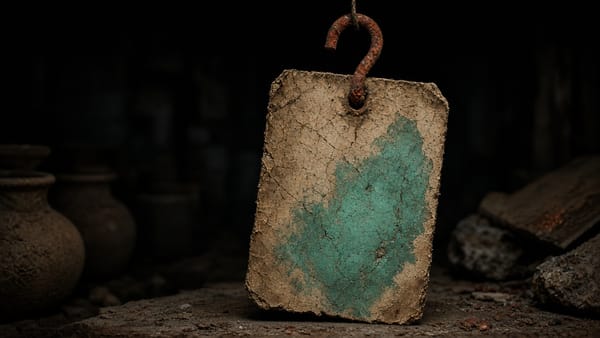 A blank cracked merchandise tag hanging from a rusted hook shaped like a question mark, with a turquoise stain on the tag.