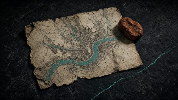 A cracked paper city map with a turquoise river, held by a rusted stone weight on dark stone.