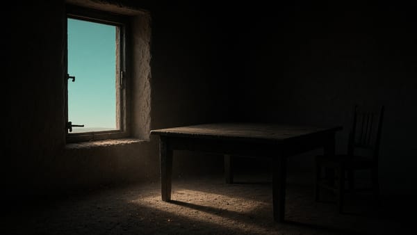 Dark room with an empty wooden table and chair; a small window shows pale turquoise sky and a pool of light on the floor.